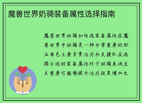 魔兽世界奶骑装备属性选择指南